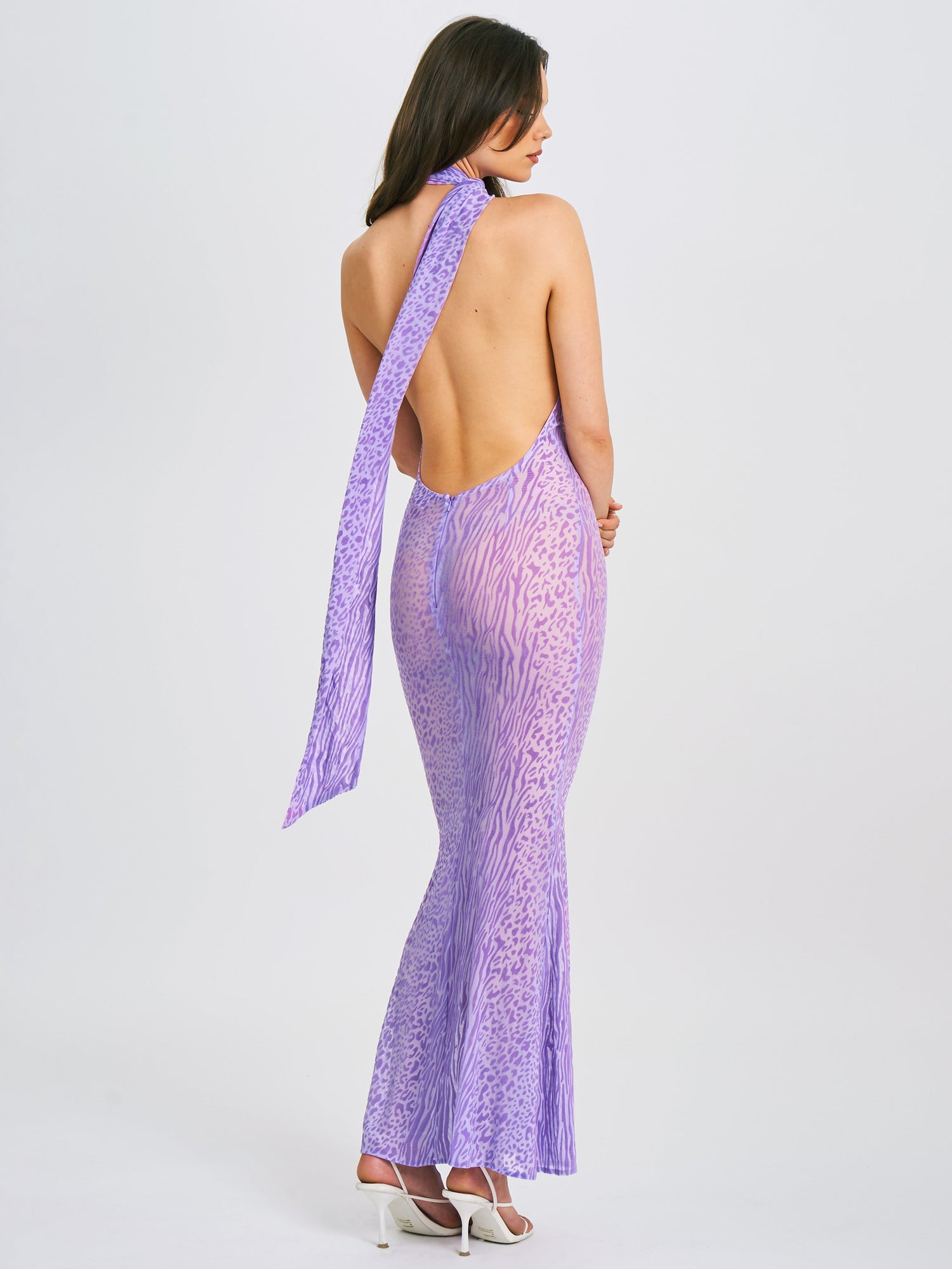 Olena Burnout Velvet Animal Print Mesh Halter Neck Maxi Dress | Purple