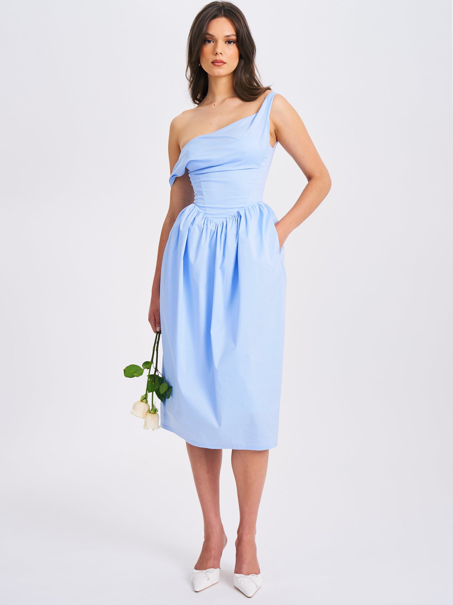 Reina Cotton Poplin Drop Waist Corset Midi Dress | Blue