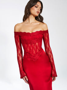 Nessa Lace Satin Corset Maxi Dress | Red