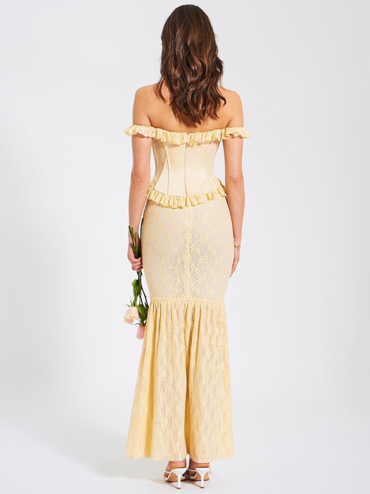 Ersilia Satin Lace Peplum Corset Off Shoulder Maxi Dress | Pale Yellow