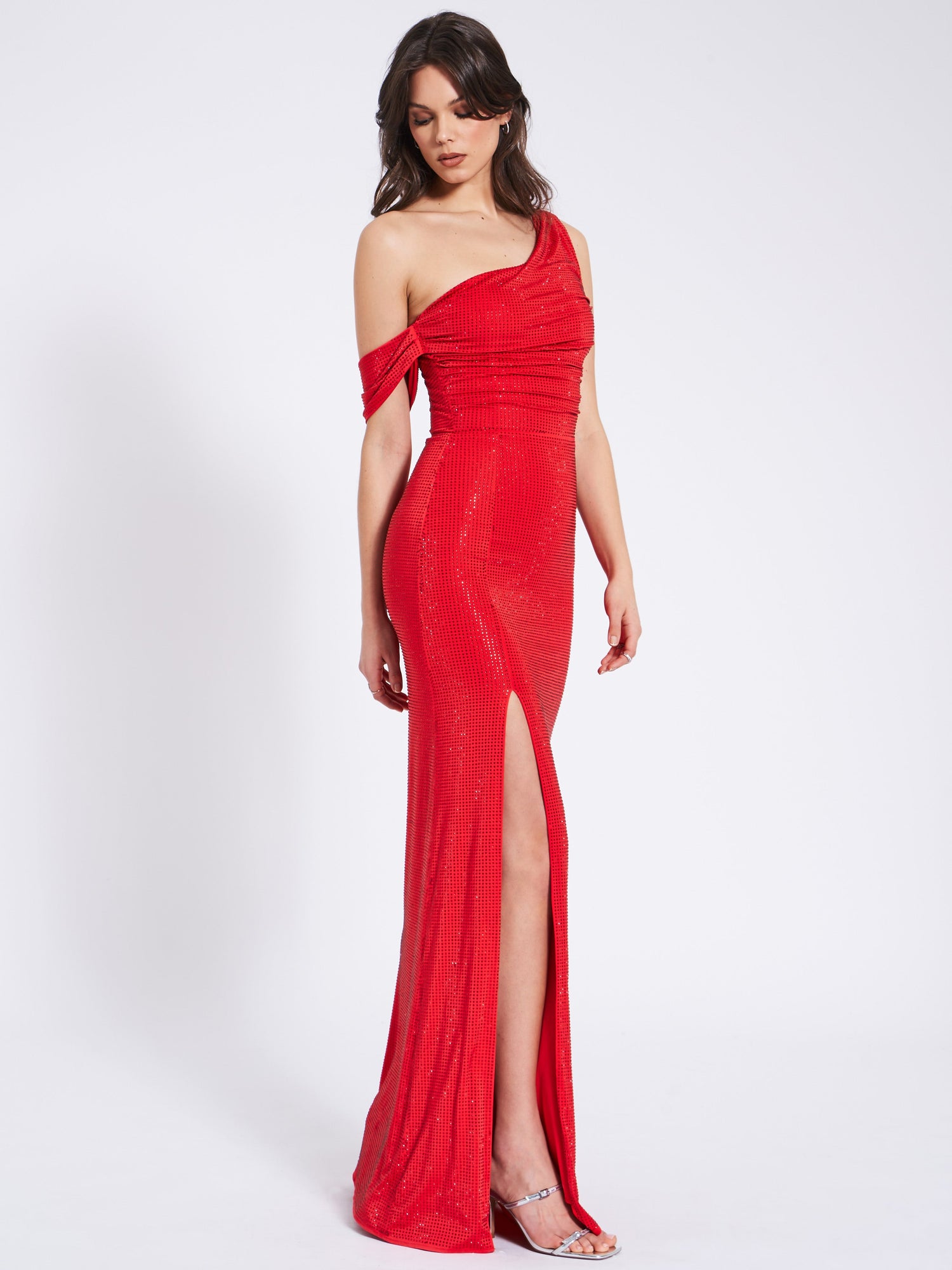 Paget Mesh Rhinestone Embellished High Slit Gown | Red