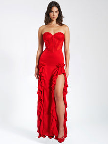 Talia Satin Lace Corset Maxi Dress | Red
