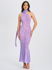 Olena Burnout Velvet Animal Print Mesh Halter Neck Maxi Dress | Purple