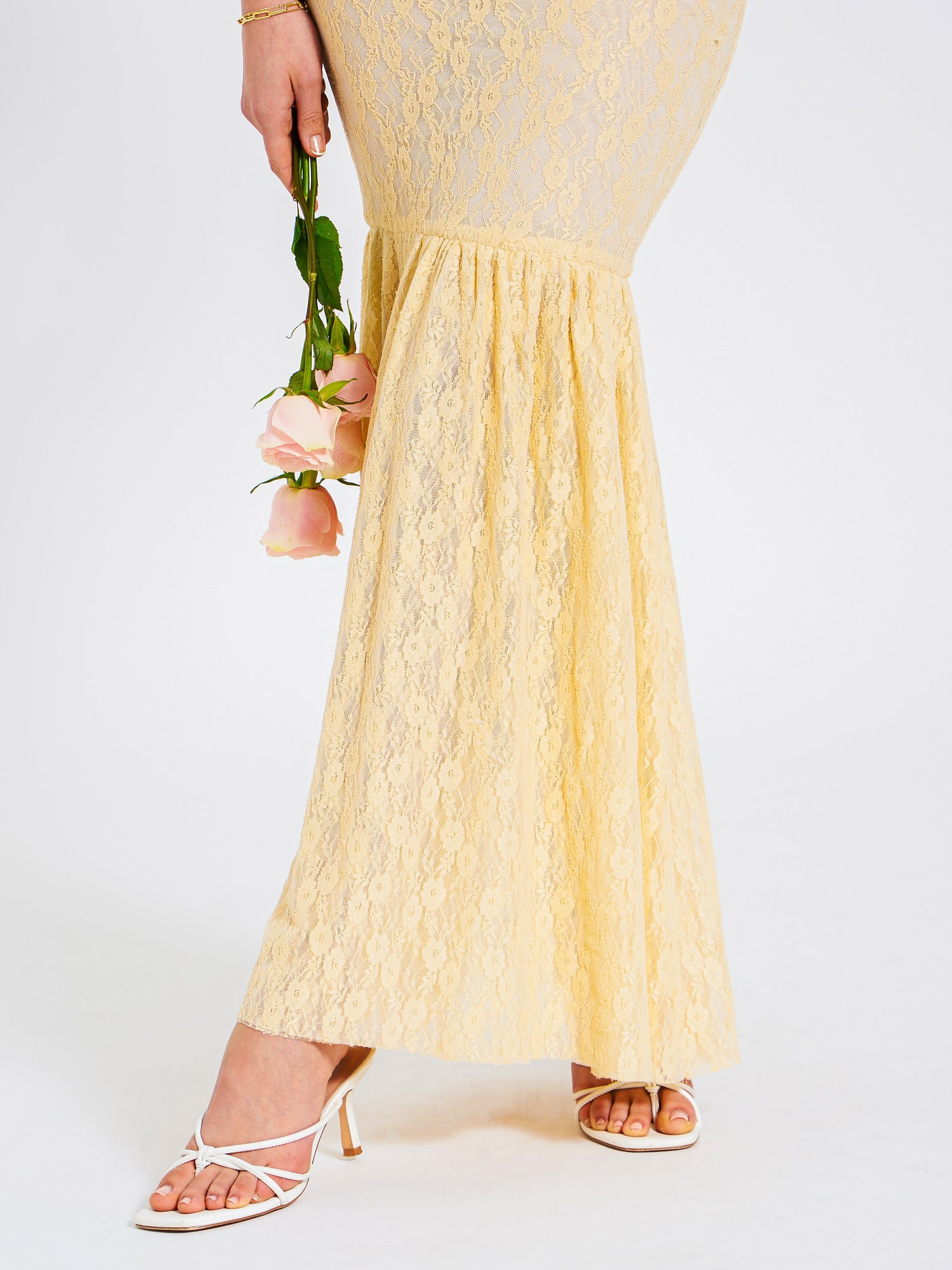 Ersilia Satin Lace Peplum Corset Off Shoulder Maxi Dress | Pale Yellow