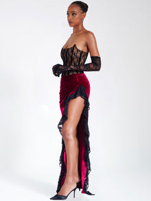 Gaia Lace Velvet Corset Side Slit Dress | Burgundy