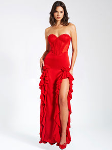 Talia Satin Lace Corset Maxi Dress | Red
