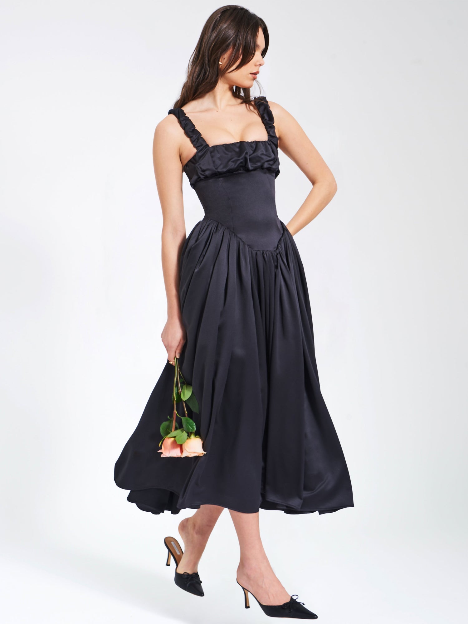 Noreen Satin Drop Waist Maxi Sundress | Black