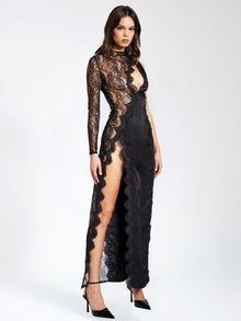 Weslyn Satin Lace High Slit Dress | Black