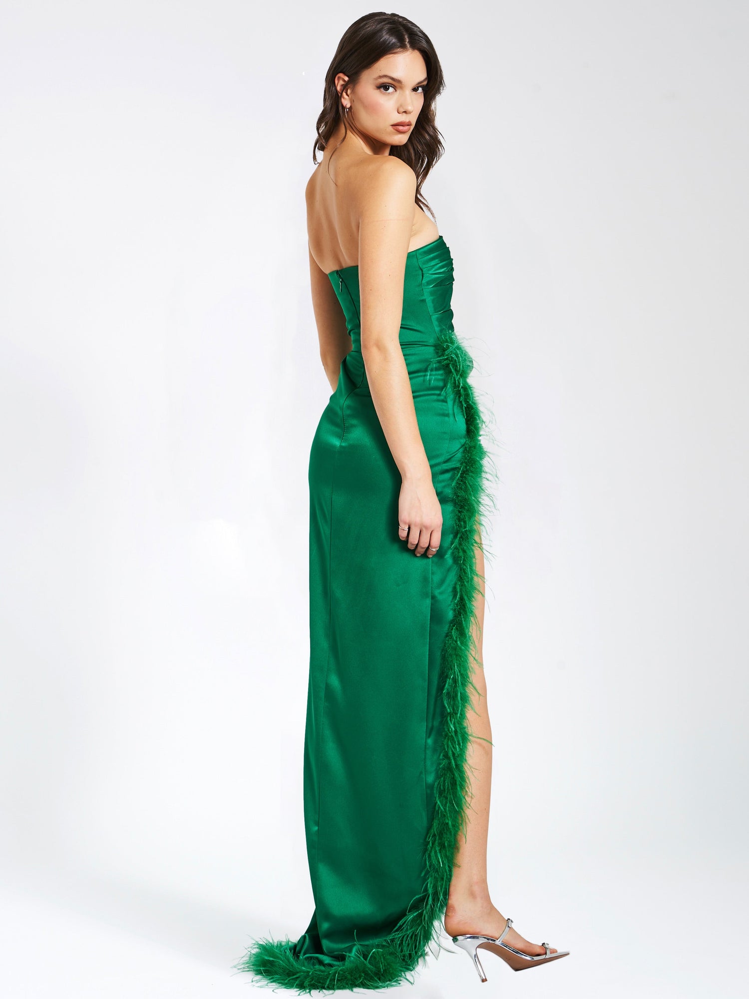 Perrin Feather Dress High Slit Gown | Emerald Green