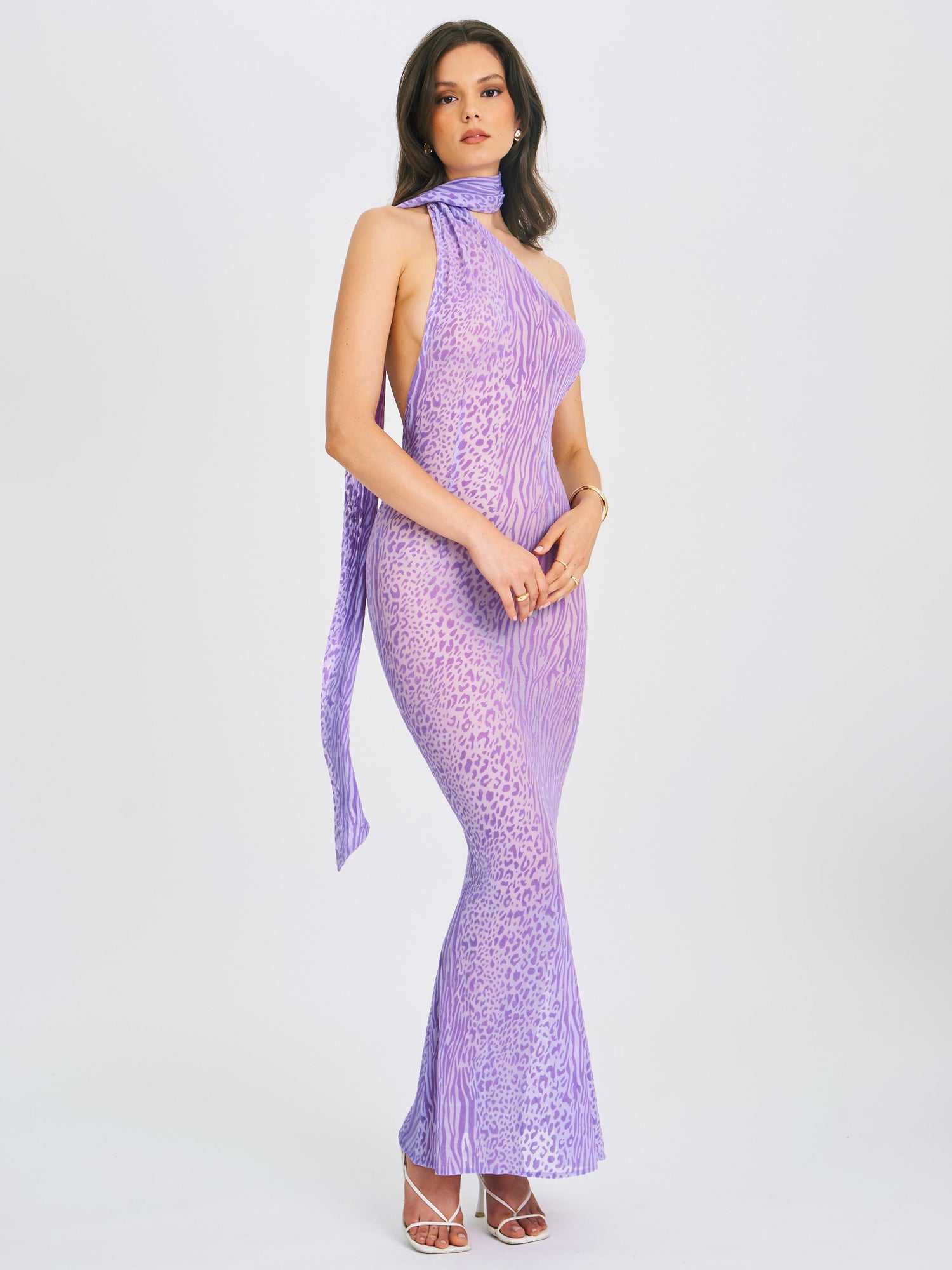 Olena Burnout Velvet Animal Print Mesh Halter Neck Maxi Dress | Purple