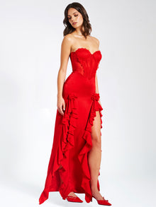 Talia Satin Lace Corset Maxi Dress | Red
