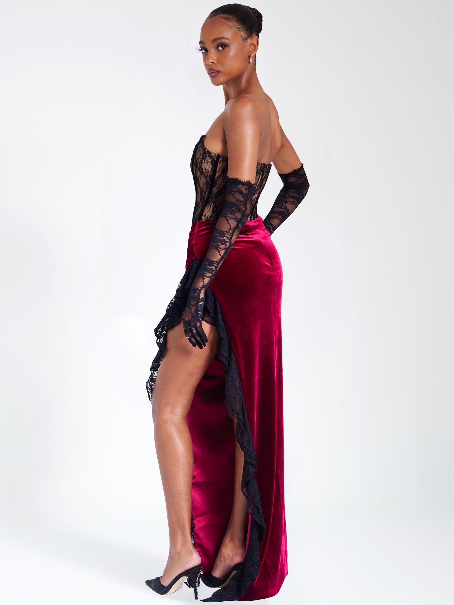 Gaia Lace Velvet Corset Side Slit Dress | Burgundy