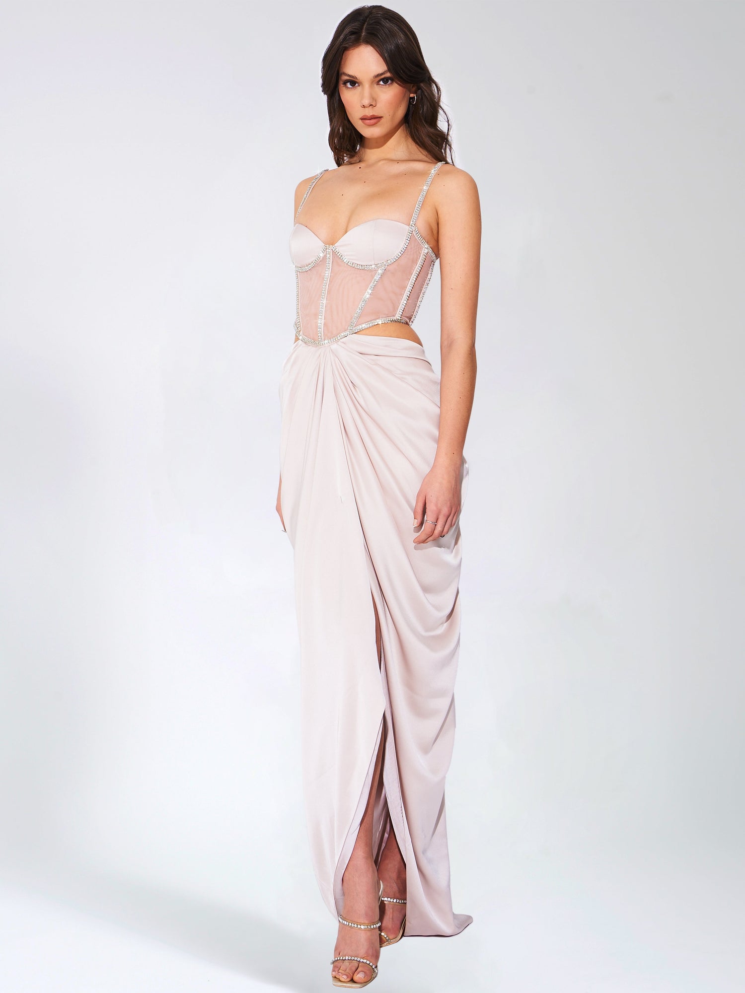 Cadence Satin Crystal Embellished Corset Dress | Champagne