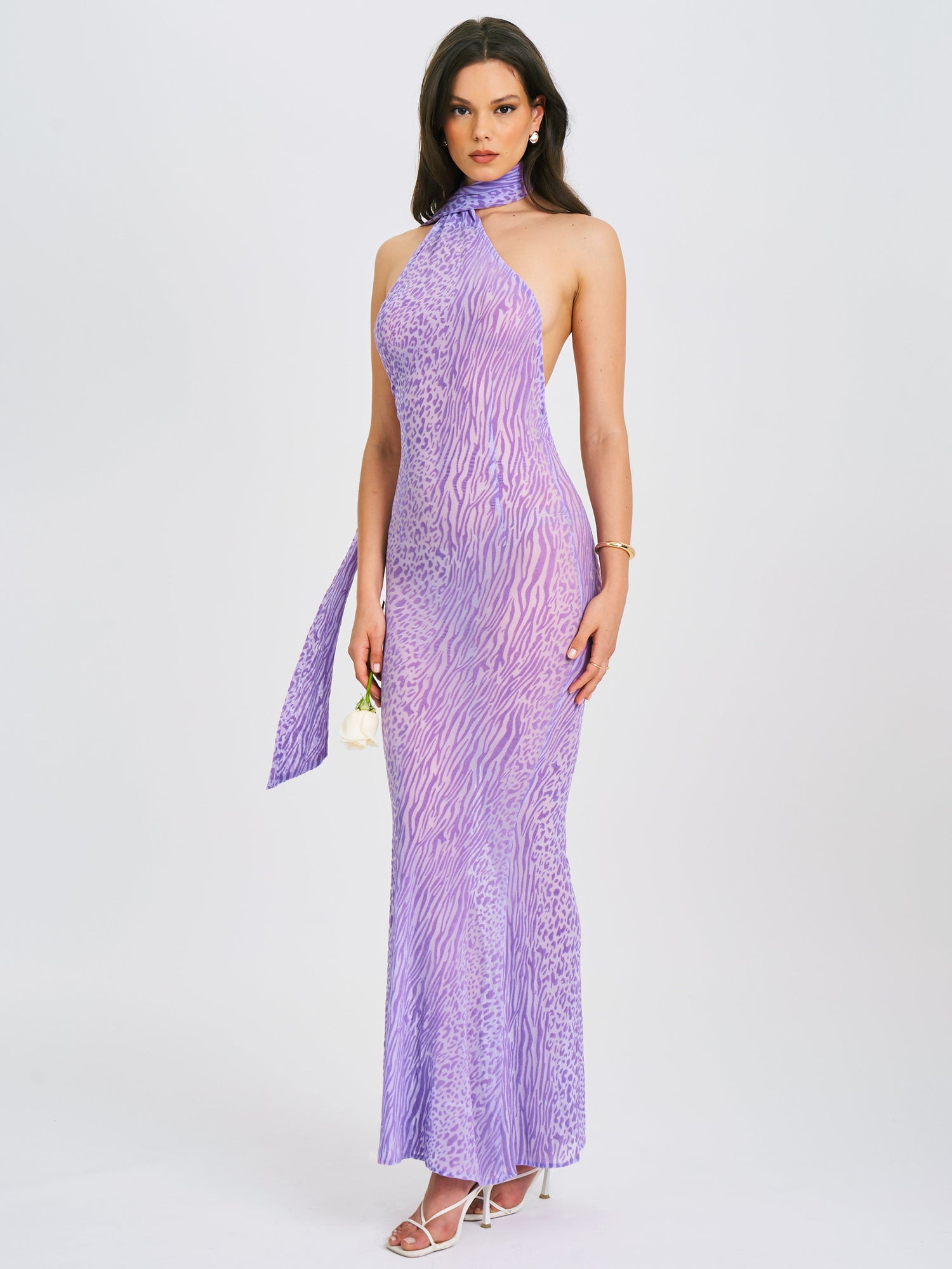 Olena Burnout Velvet Animal Print Mesh Halter Neck Maxi Dress | Purple