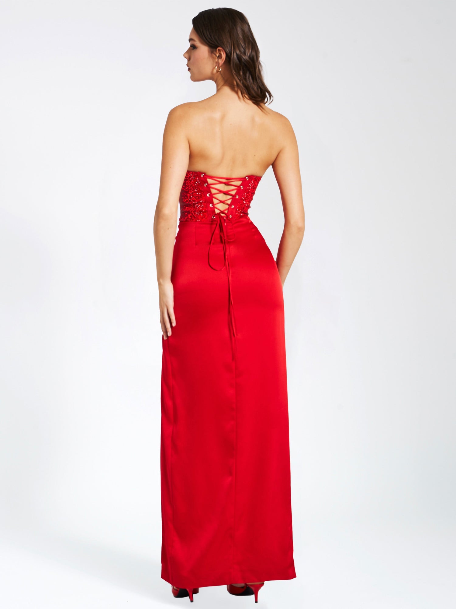 Kadesha Crystal High Slit Satin Corset Gown | Red