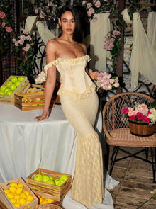 Ersilia Satin Lace Peplum Corset Off Shoulder Maxi Dress | Pale Yellow