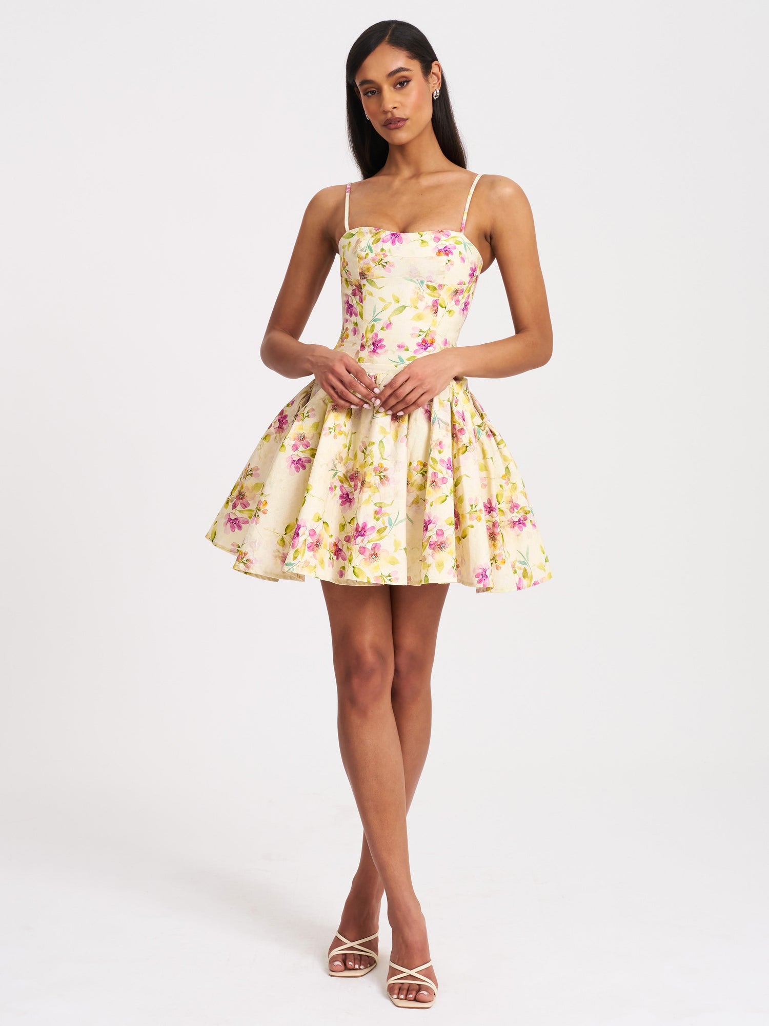Valda Linen Mini Dress with Pockets | Yellow and Pink Print