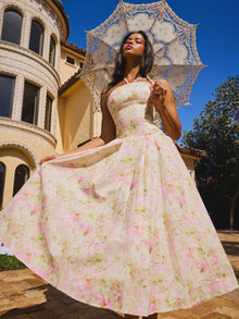 Zaina Floral Print Lace Trim Linen Midi Dress | Yellow and Pink
