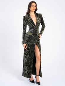 Willow Glossy Velvet High Slit Blazer Gown | Green