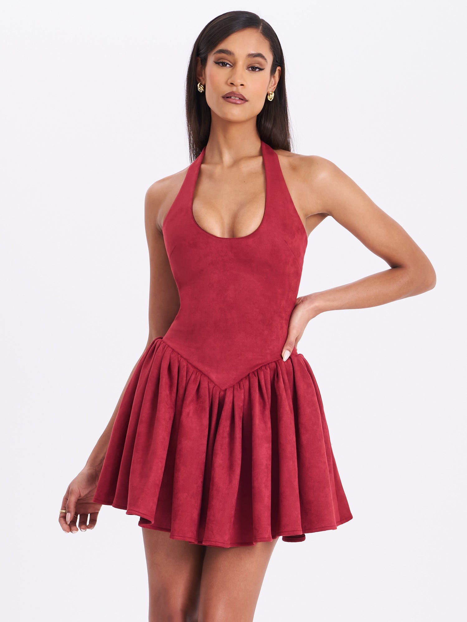 Hadorabra Suede Halter Mini Full Dress | Burgundy