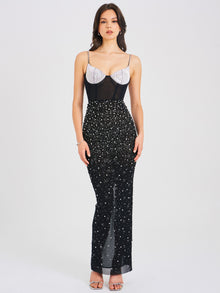 Jimena Crystal Embellished Back Slit Maxi Dress | Black/Silver