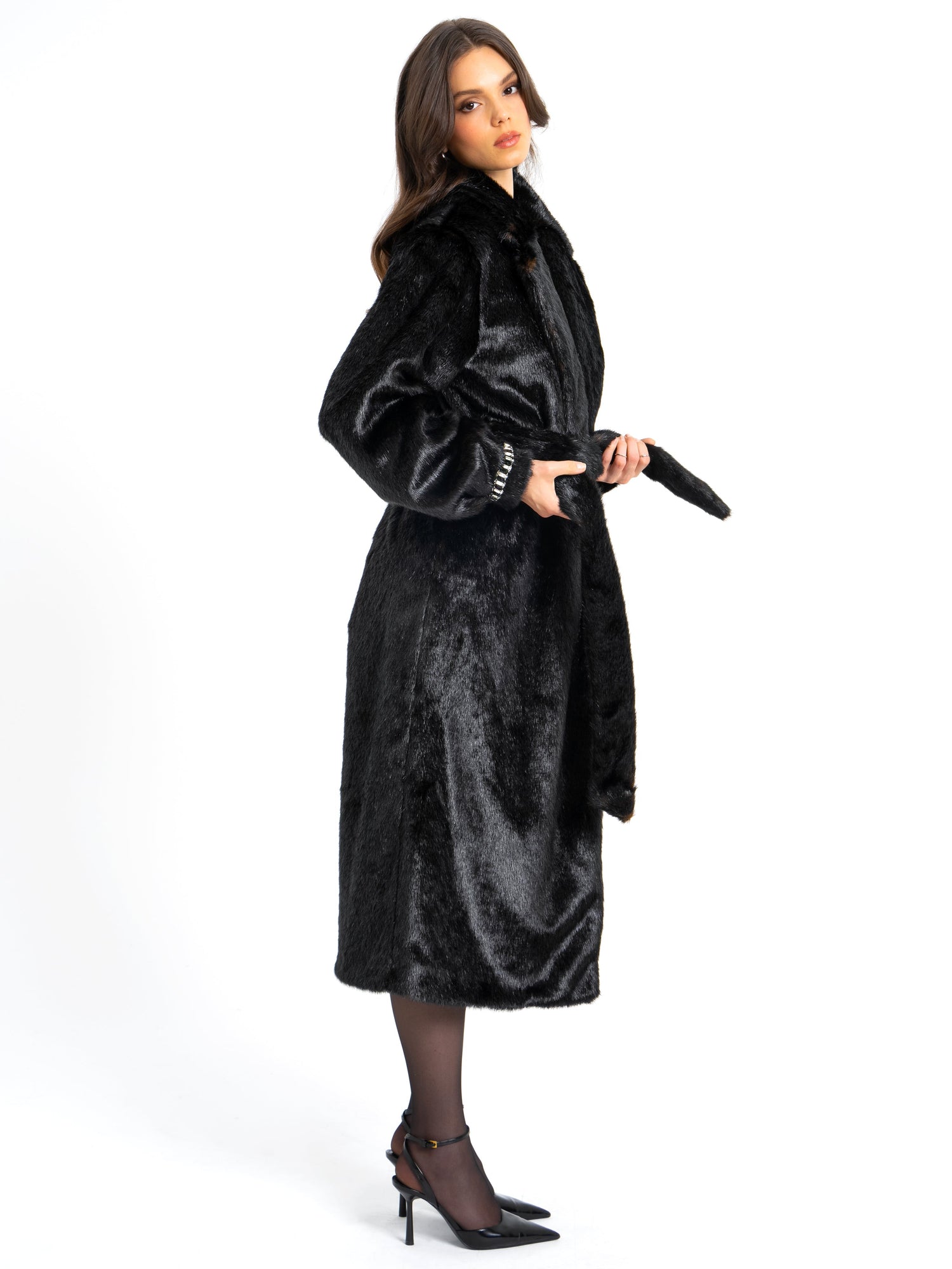 Yahia Vegan Long Faux Mink Coat | Black