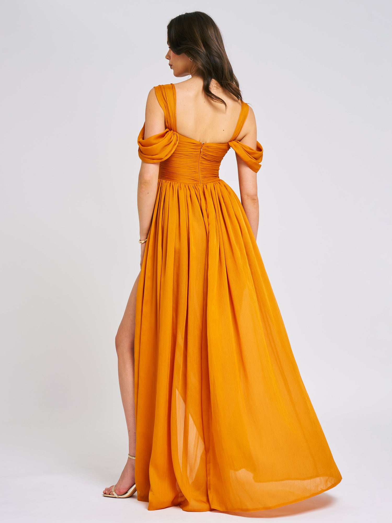 Jelani Layered Mesh High-Slit Drape Maxi Dress | Vibrant Orange