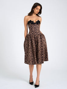 Uchenna Stretchy Strapless Midi Dress with lace trim | Cheetah Print