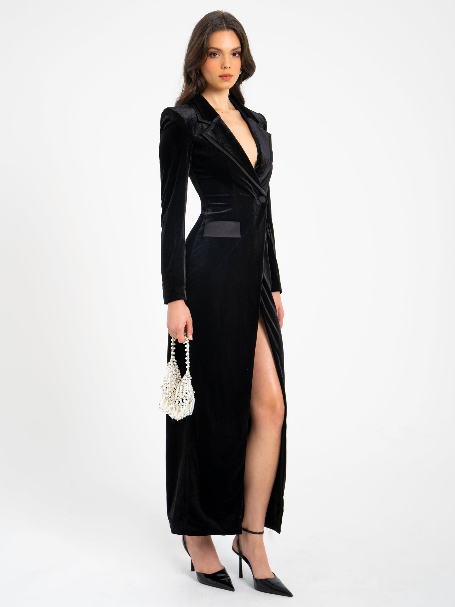 Willow Velvet High Slit Blazer Gown | Black