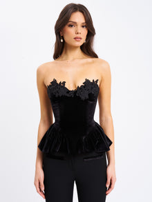 Qiara Velvet Peplum Top with Lace Trim | Black