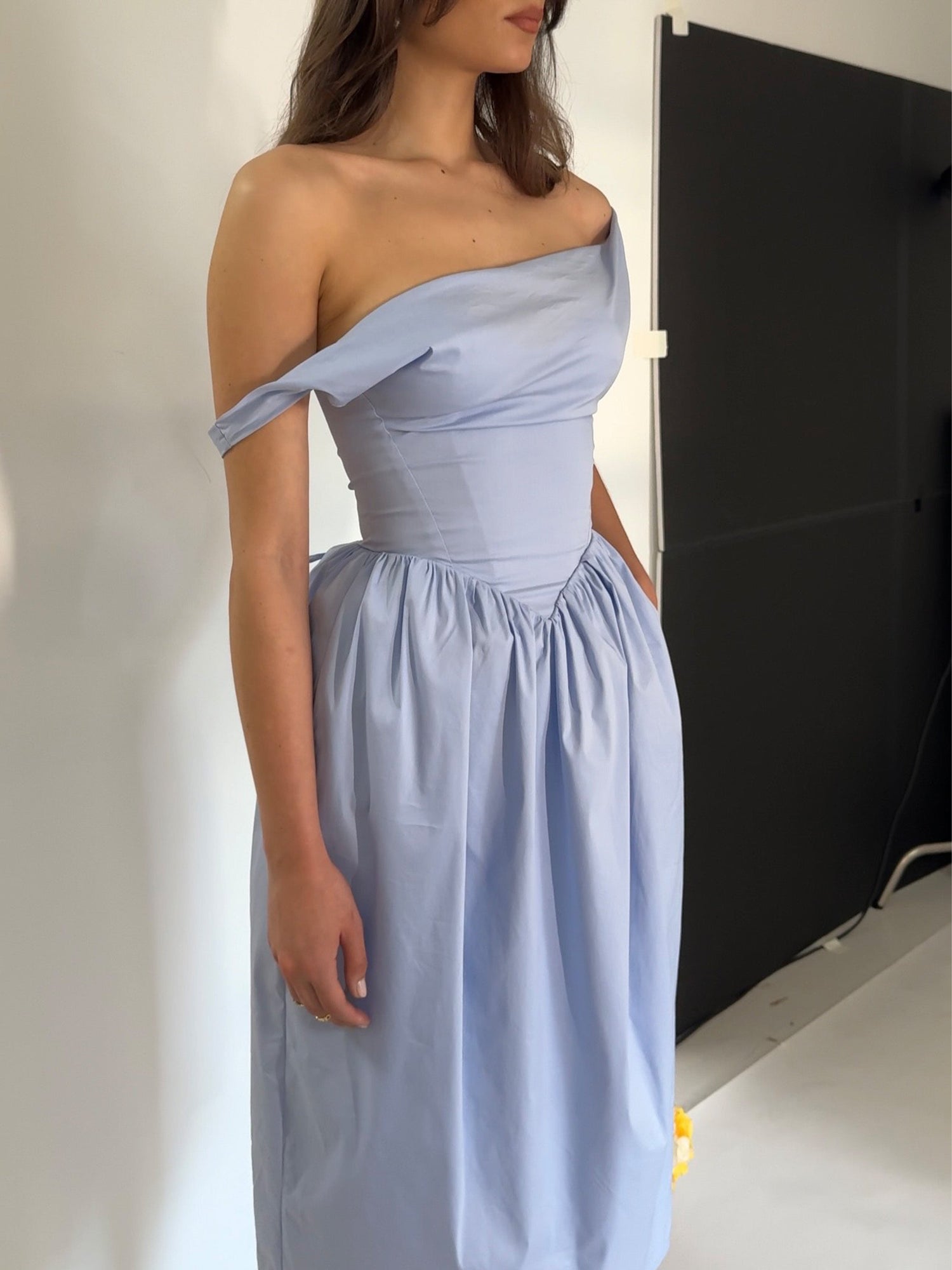 Reina Cotton Poplin Drop Waist Corset Midi Dress | Blue