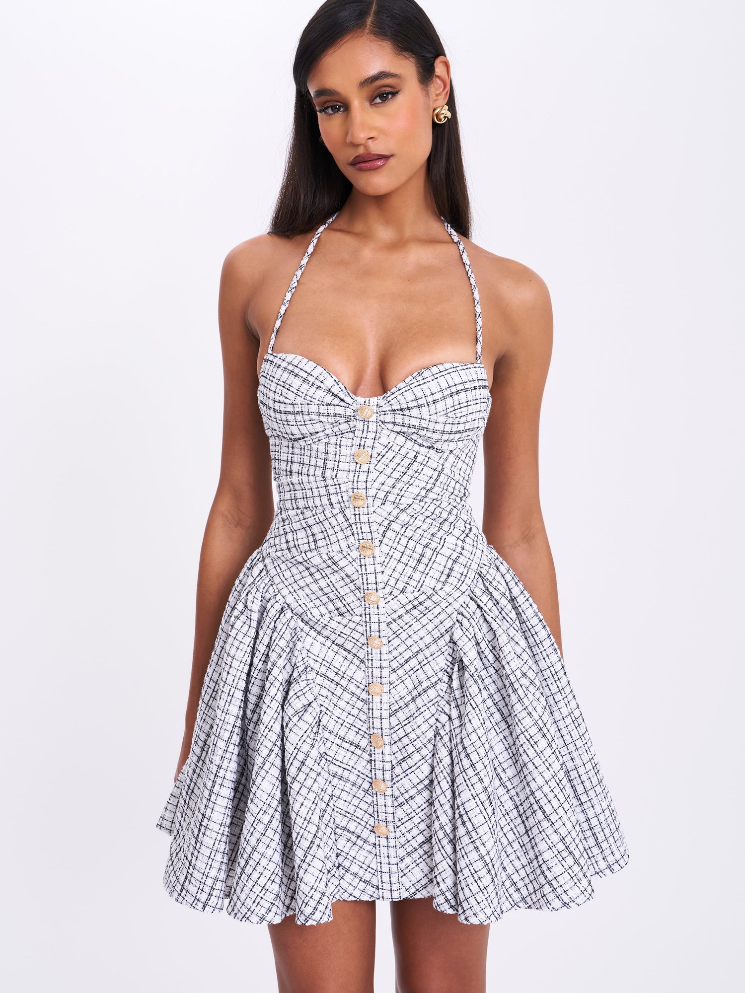 Melody Plaid Tweed Halter Drop Waist Mini Dress | Black and White