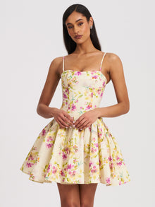 Valda Linen Mini Dress with Pockets | Yellow and Pink Print