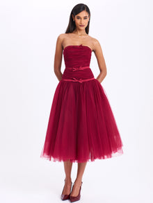 Mabel Drop Waist Layered Mesh Midi Puffy Dress with Bow | Burgundy