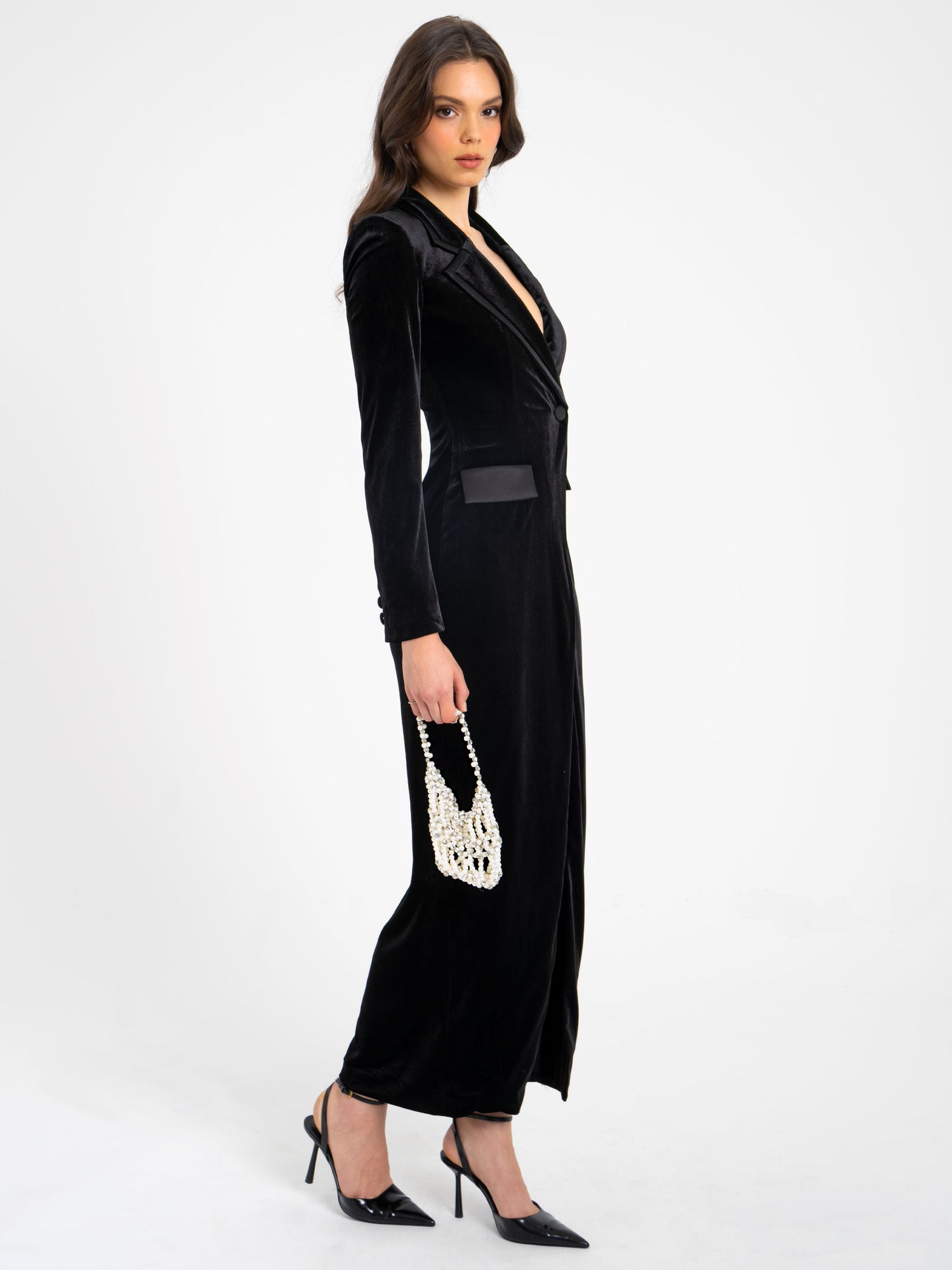 Willow Velvet High Slit Blazer Gown | Black