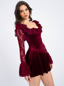 Yachira Velvet Lace Flare Sleeve Mini Dress | Burgundy