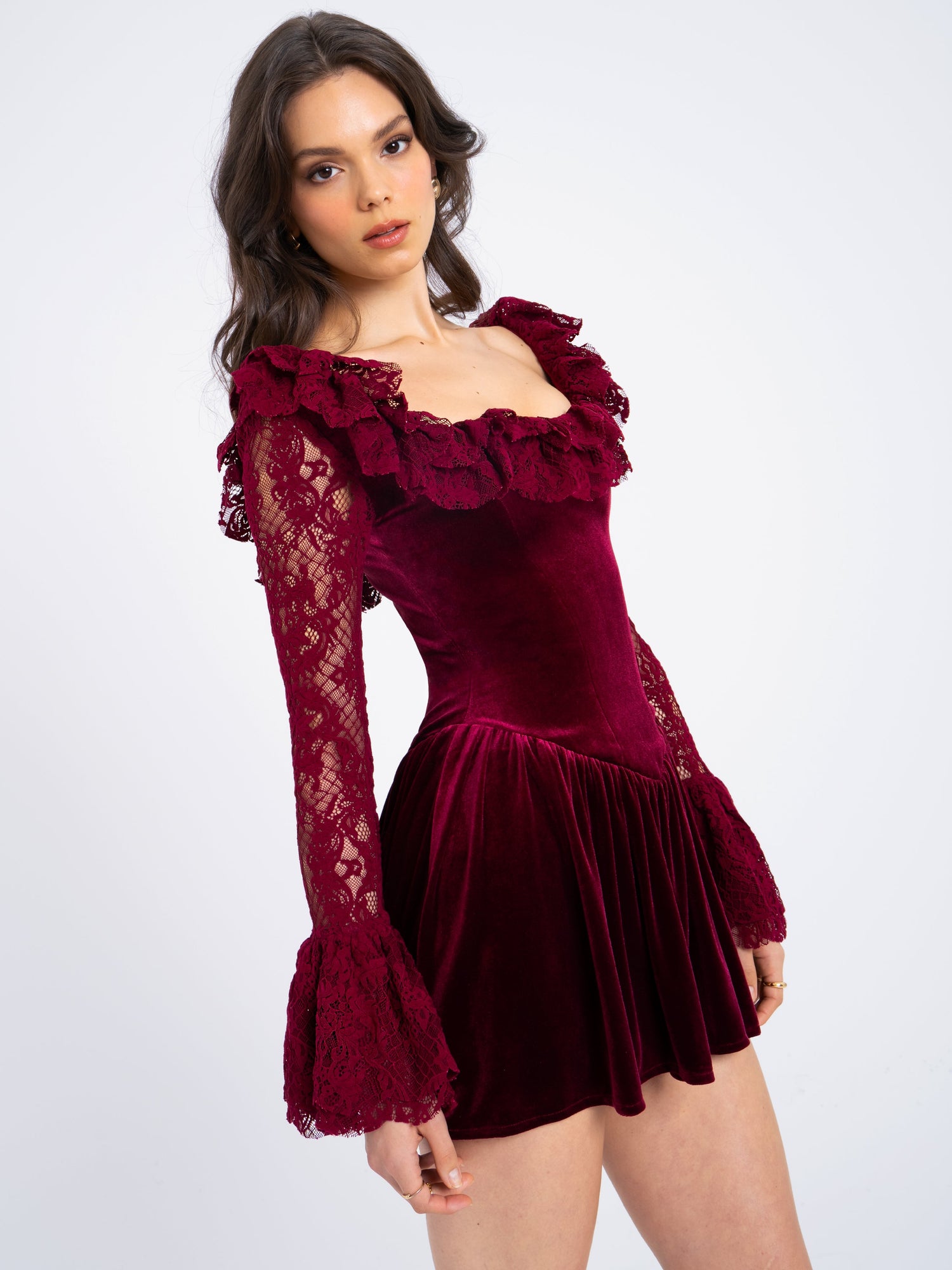 Yachira Velvet Lace Flare Sleeve Mini Dress | Burgundy