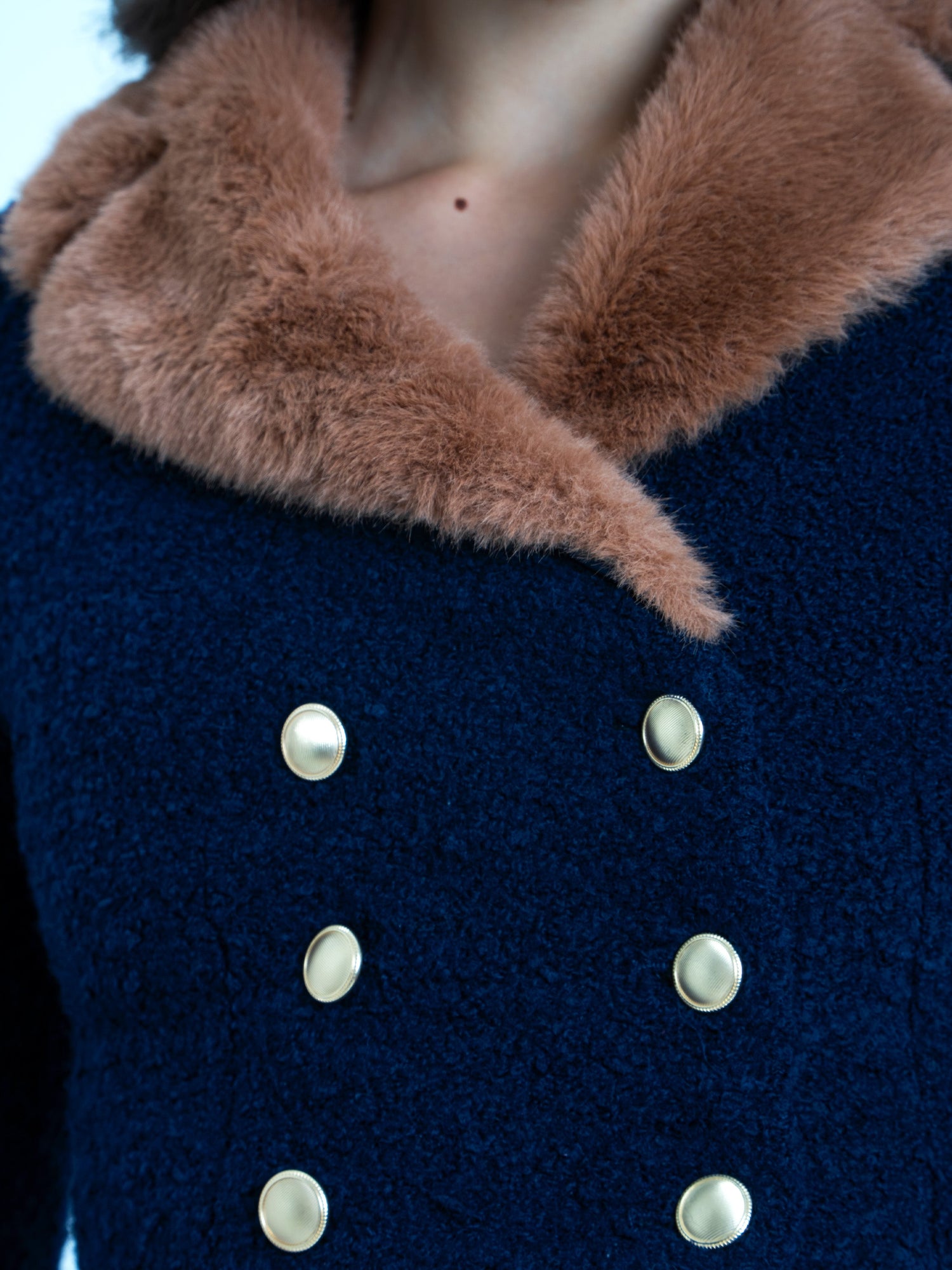 Wava Double Breast Fur Trim Cropped Boucle Wool Jacket | Navy Blue