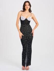 Jimena Crystal Embellished Back Slit Maxi Dress | Black/Silver