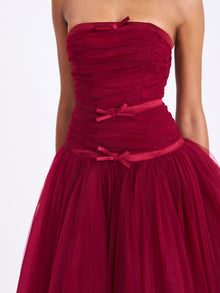 Mabel Drop Waist Layered Mesh Midi Puffy Dress with Bow | Burgundy