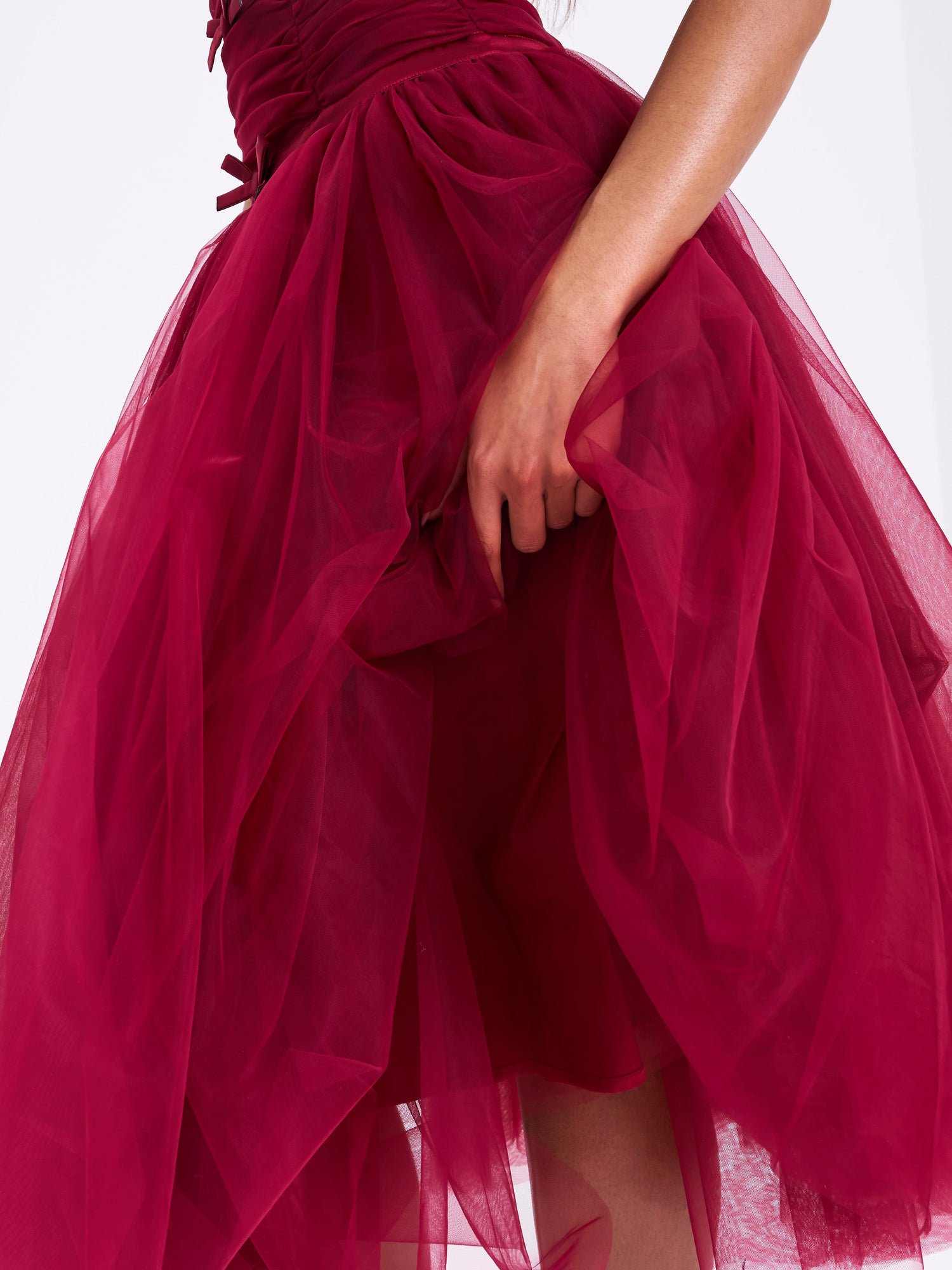 Mabel Drop Waist Layered Mesh Midi Puffy Dress with Bow | Burgundy