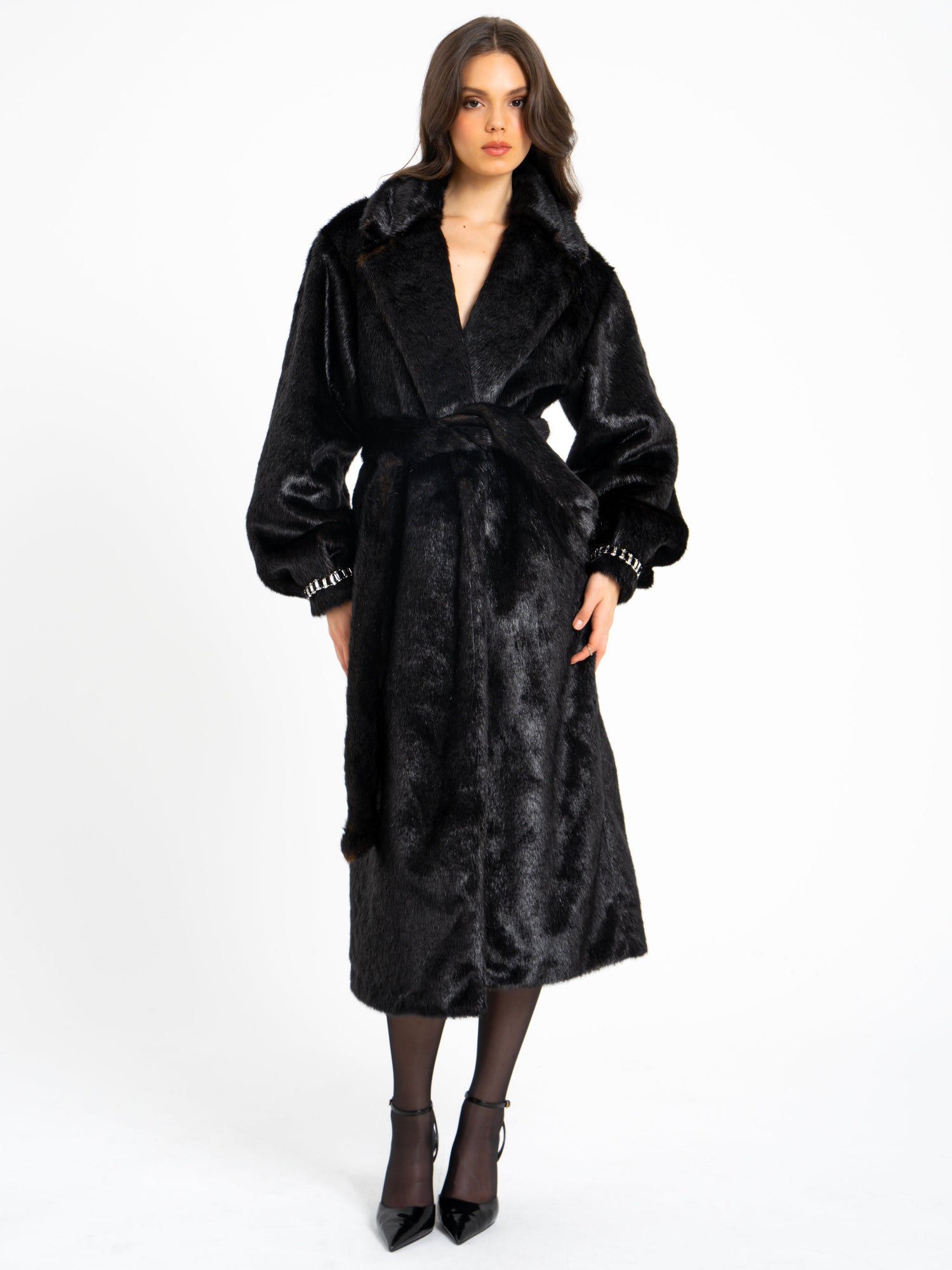 Yahia Vegan Long Faux Mink Coat | Black