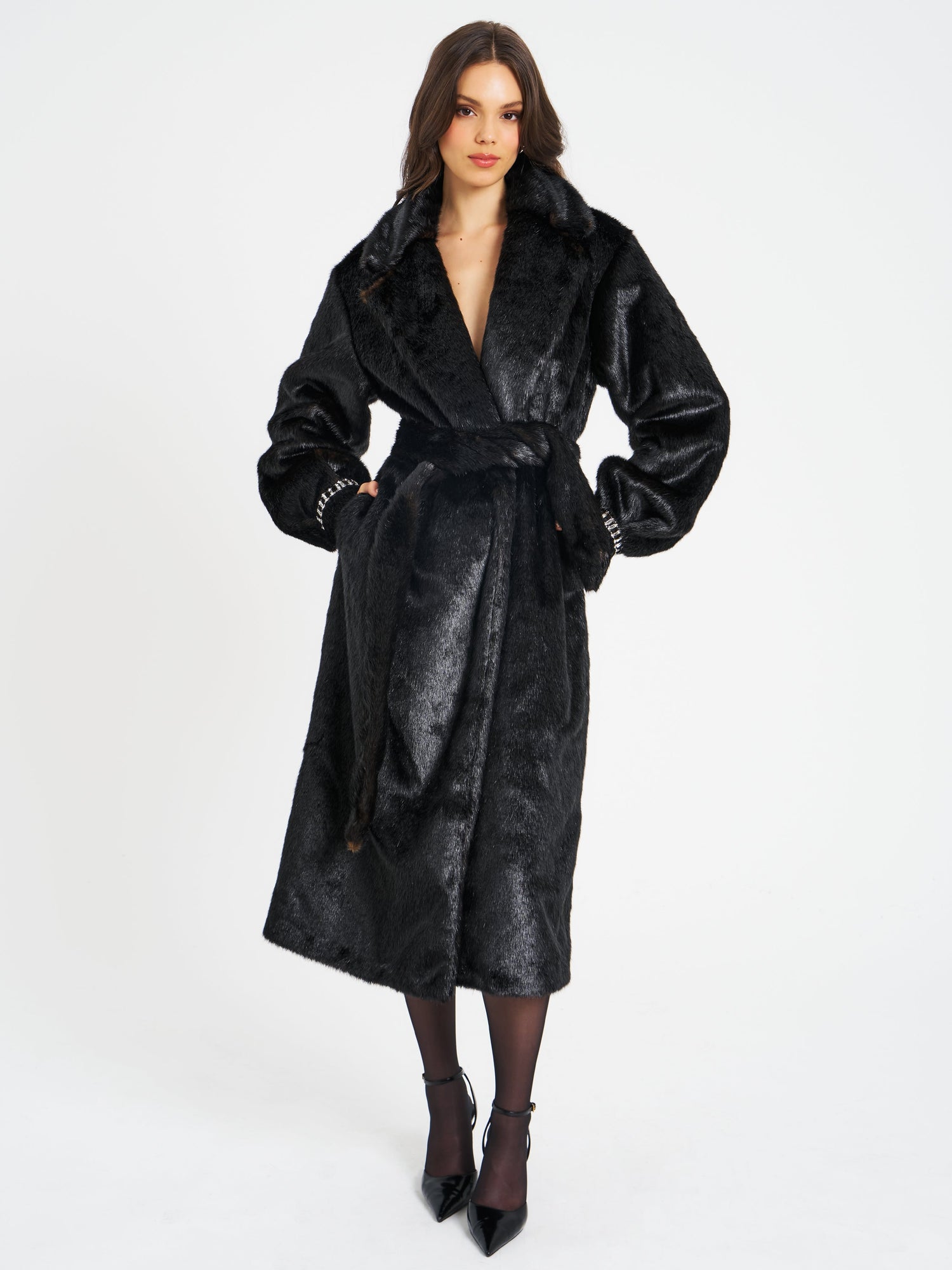 Yahia Vegan Long Faux Mink Coat | Black