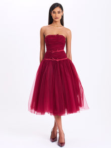 Mabel Drop Waist Layered Mesh Midi Puffy Dress with Bow | Burgundy