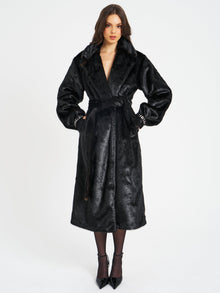 Yahia Vegan Long Faux Mink Coat | Black