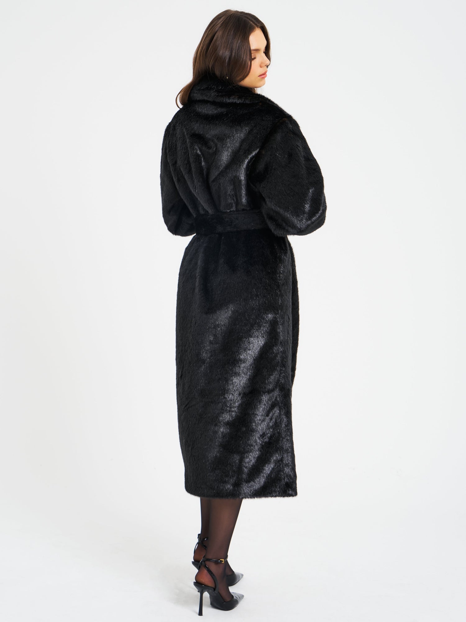Yahia Vegan Long Faux Mink Coat | Black