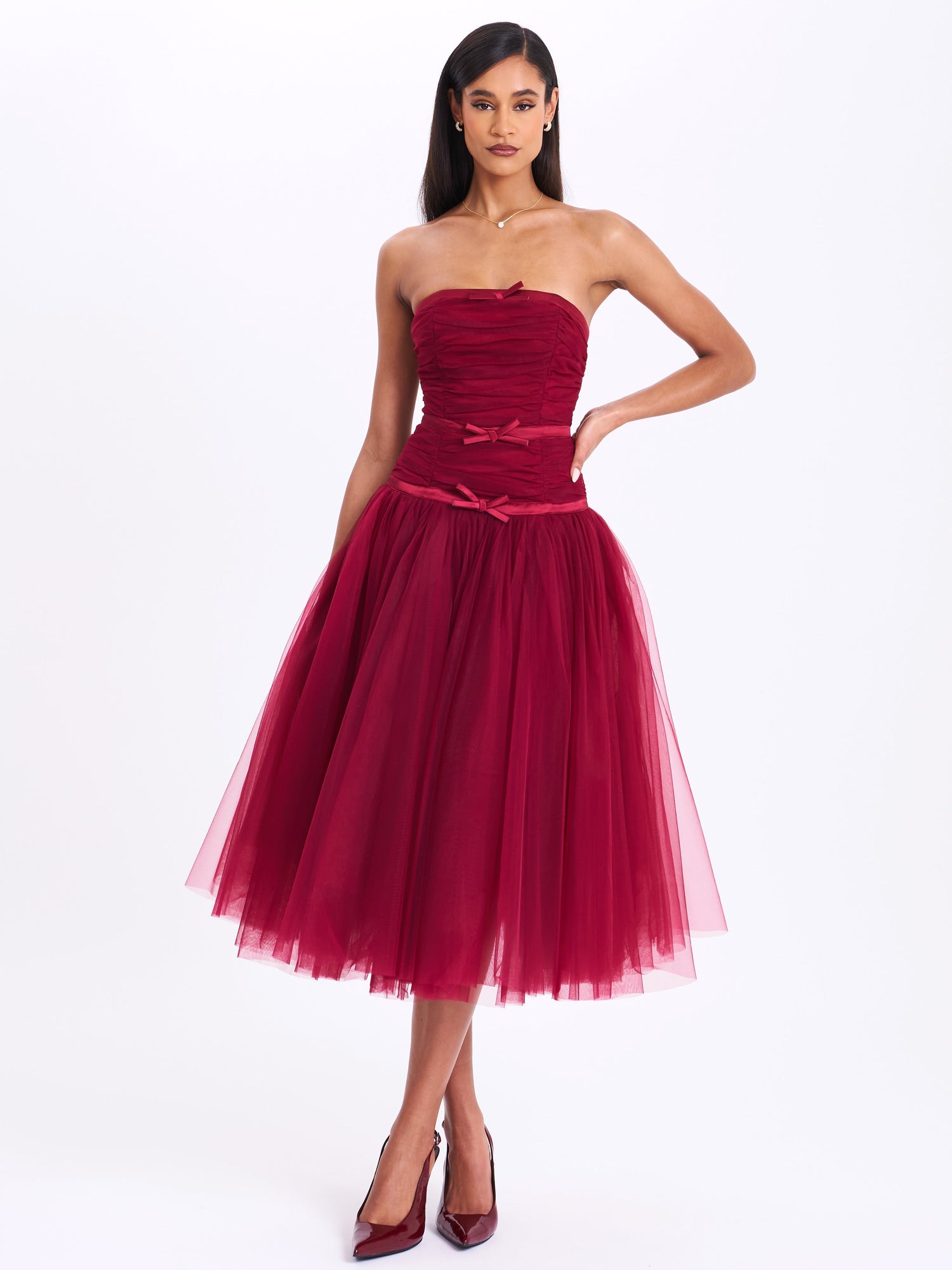 Mabel Drop Waist Layered Mesh Midi Puffy Dress with Bow | Burgundy