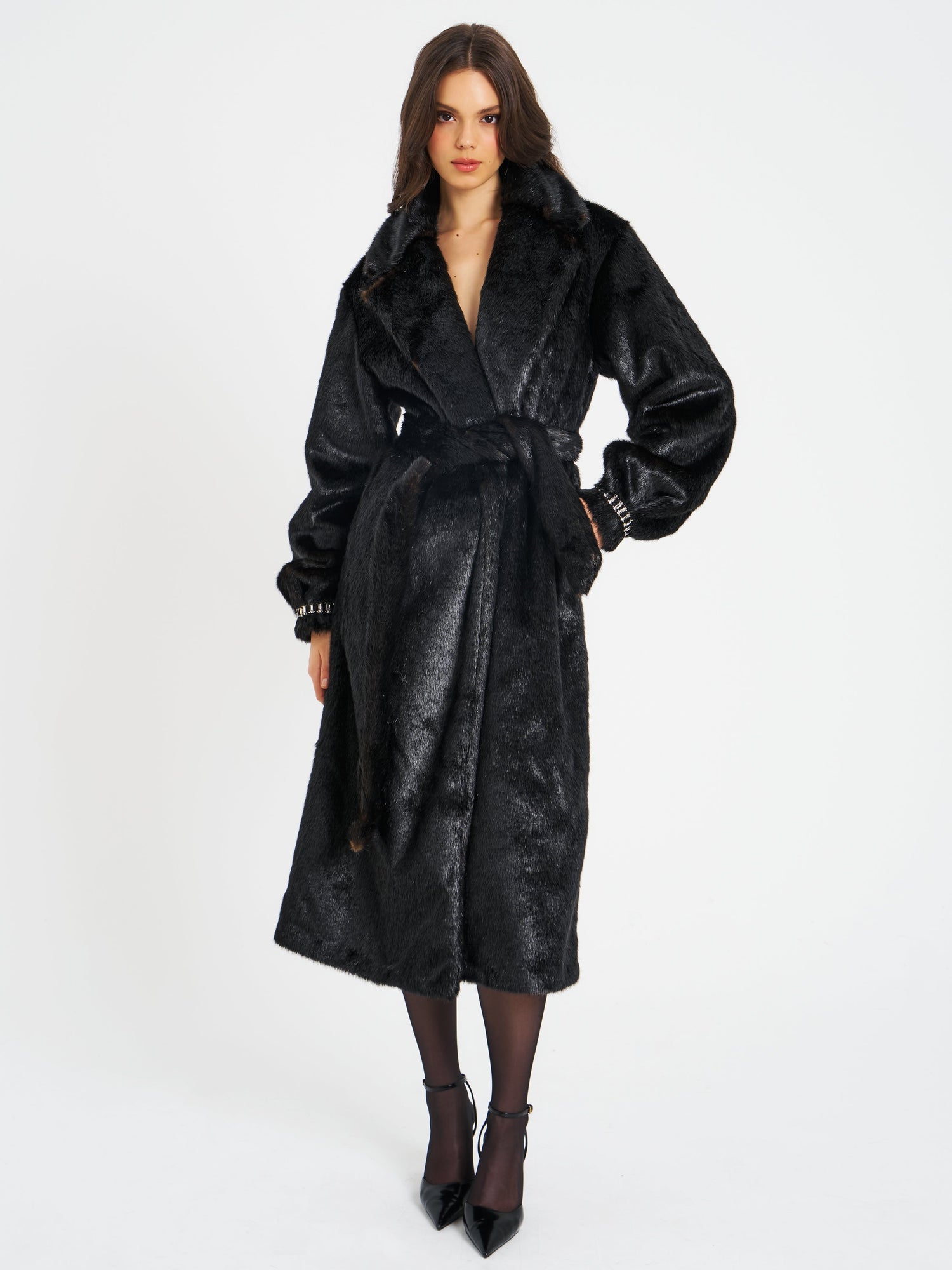 Yahia Vegan Long Faux Mink Coat | Black