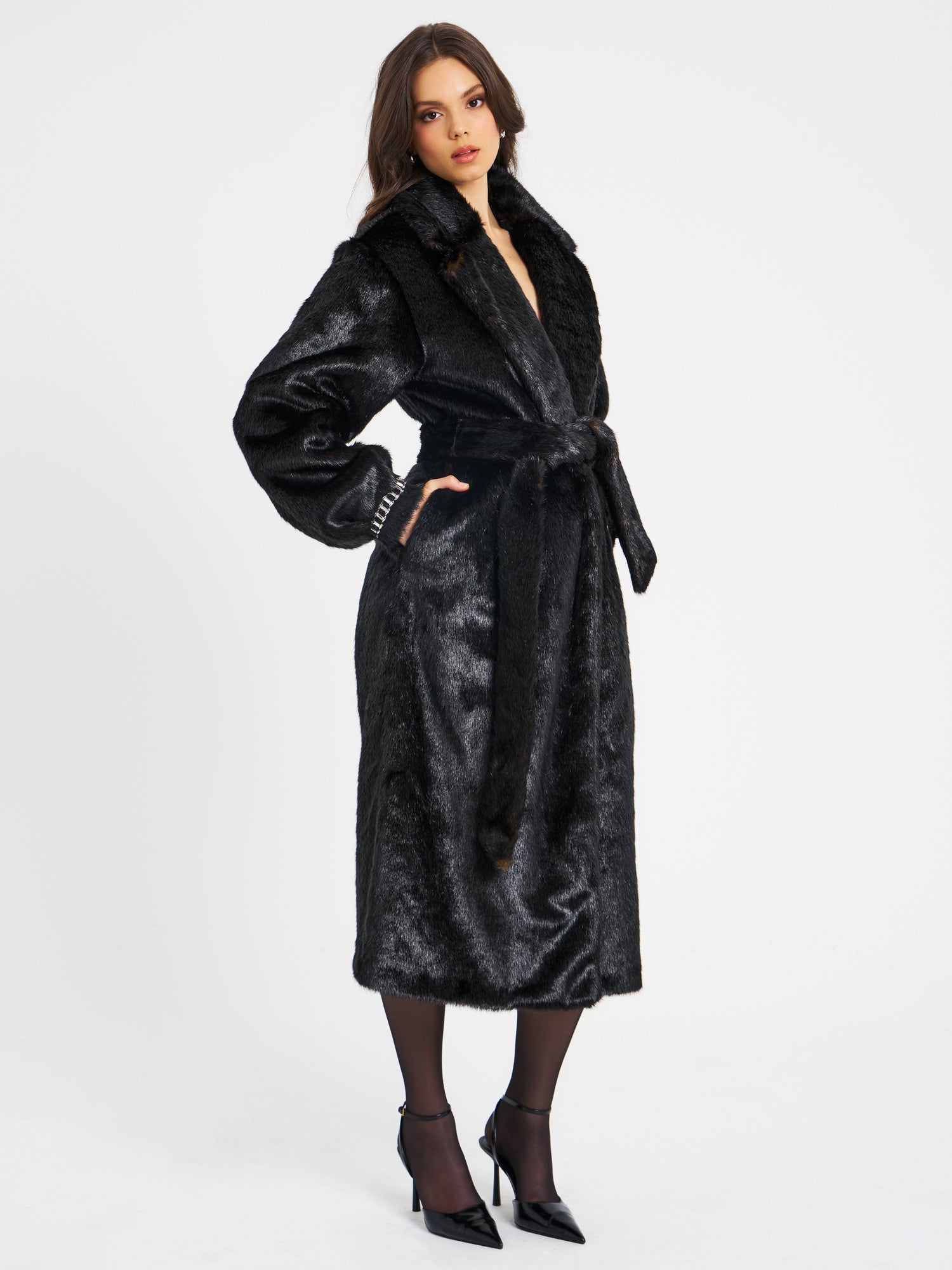 Yahia Vegan Long Faux Mink Coat | Black