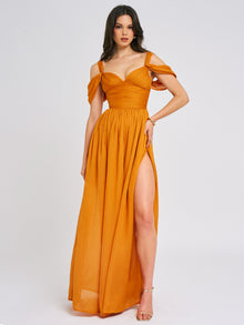 Jelani Layered Mesh High-Slit Drape Maxi Dress | Vibrant Orange
